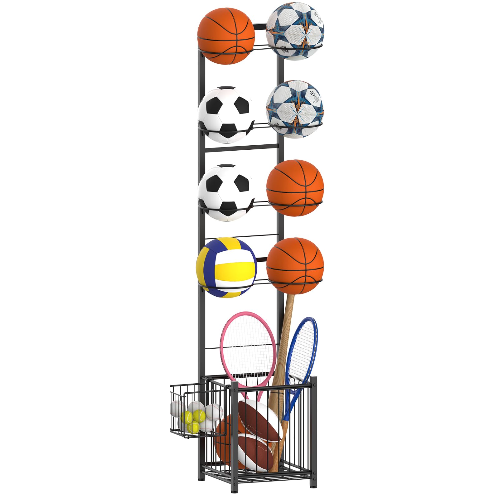CADUKE front view of 5-tier ball rack showing organized balls and baskets benefit tidy storage