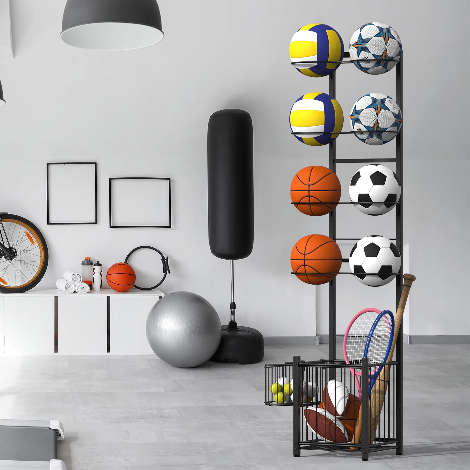 CADUKE rack positioned in a garage illustrating organized sports gear and functional storage