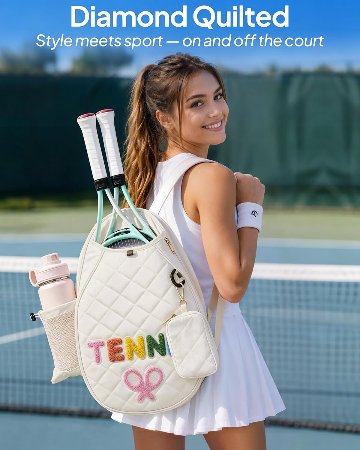 CaHomet lifestyle scene on court showing bag hanging on fence and ready for match transition