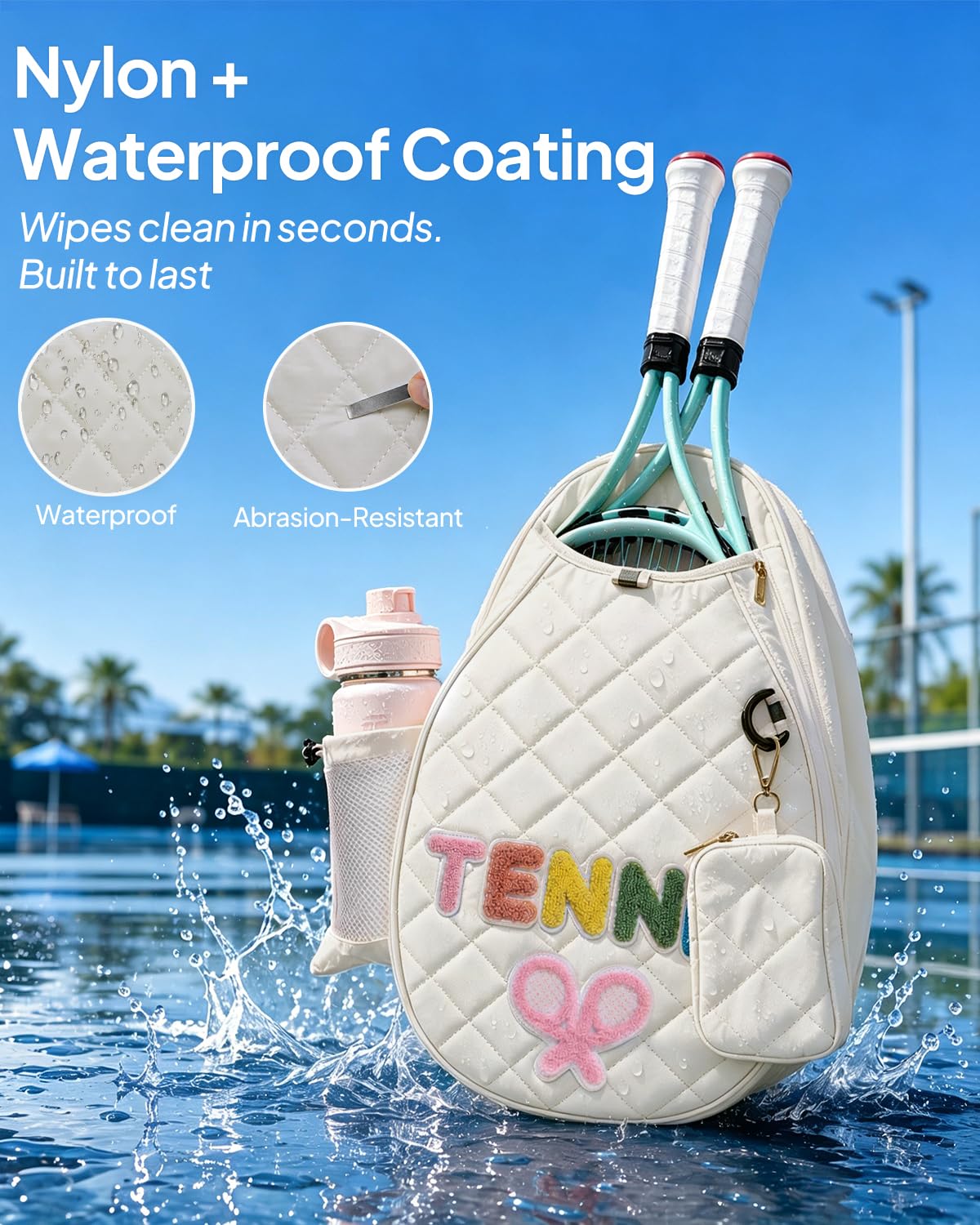CaHomet side mesh bottle pocket holding a large water bottle securely with drawstring lock
