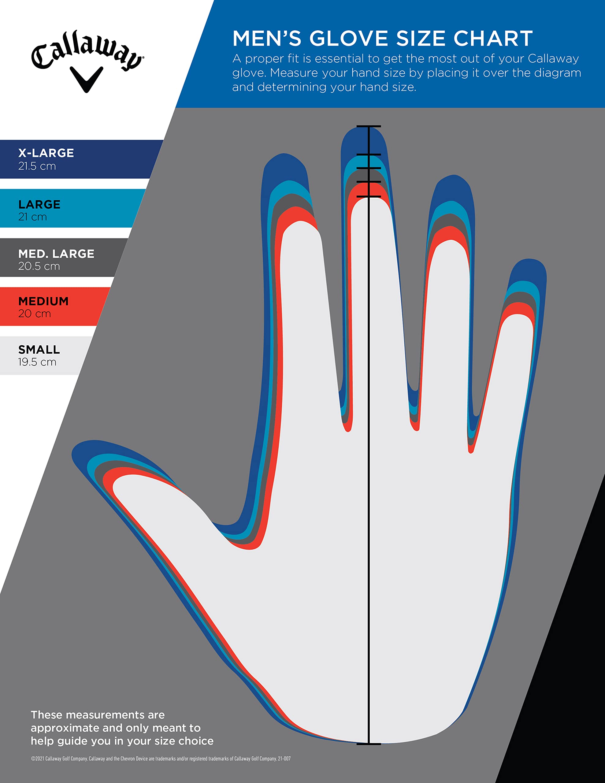 Callaway gloves beside a ruler showing medium/large fit and scale