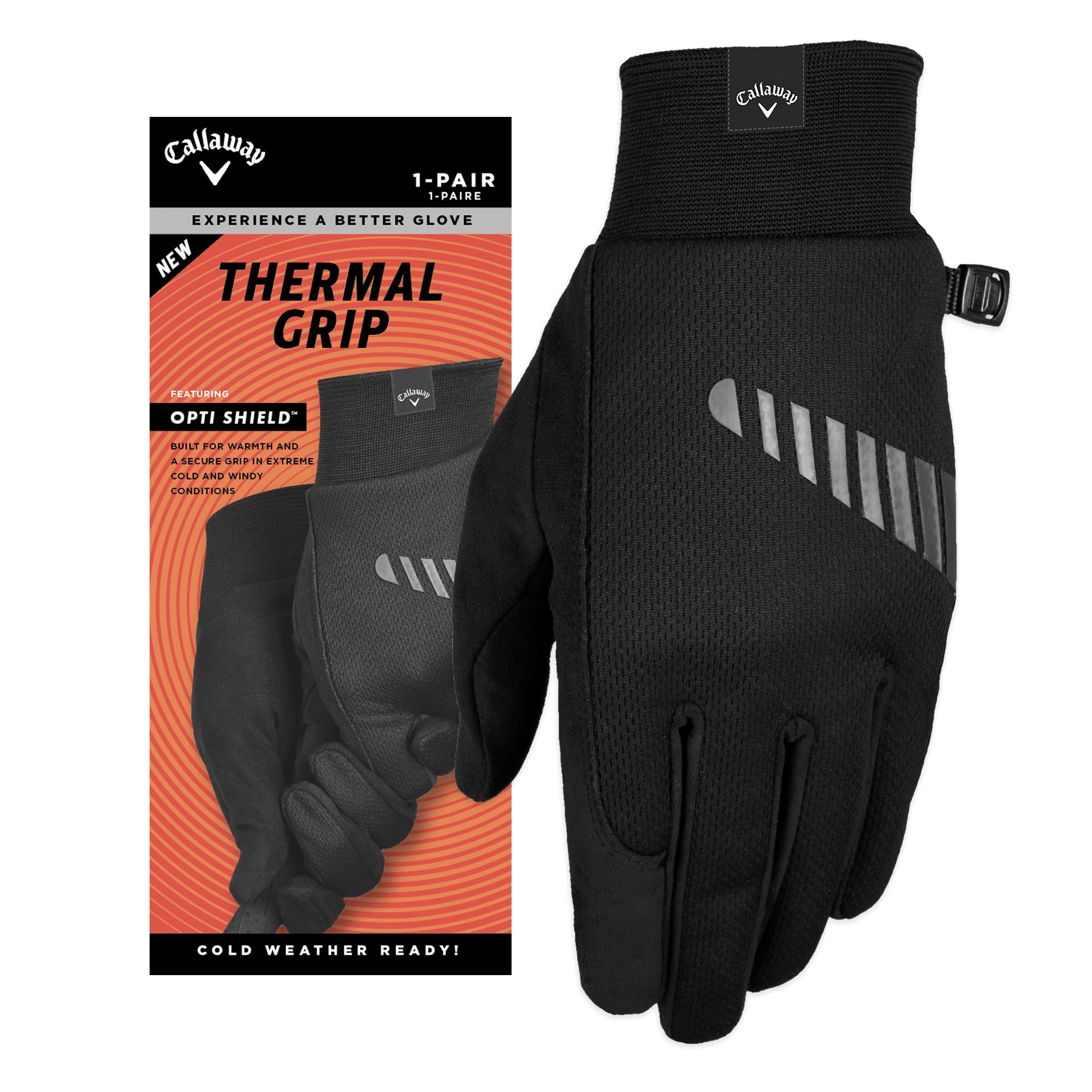 Callaway front view of gloves showing windproof shell and sleek fit for warmth