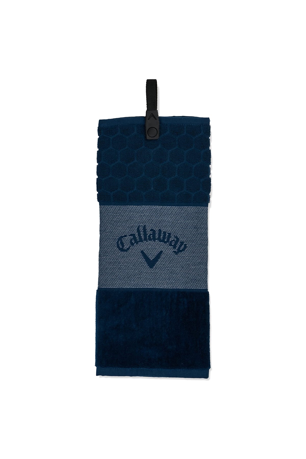 Callaway trifold towel front view hanging on bag showing navy color and neat compact design for easy cleaning