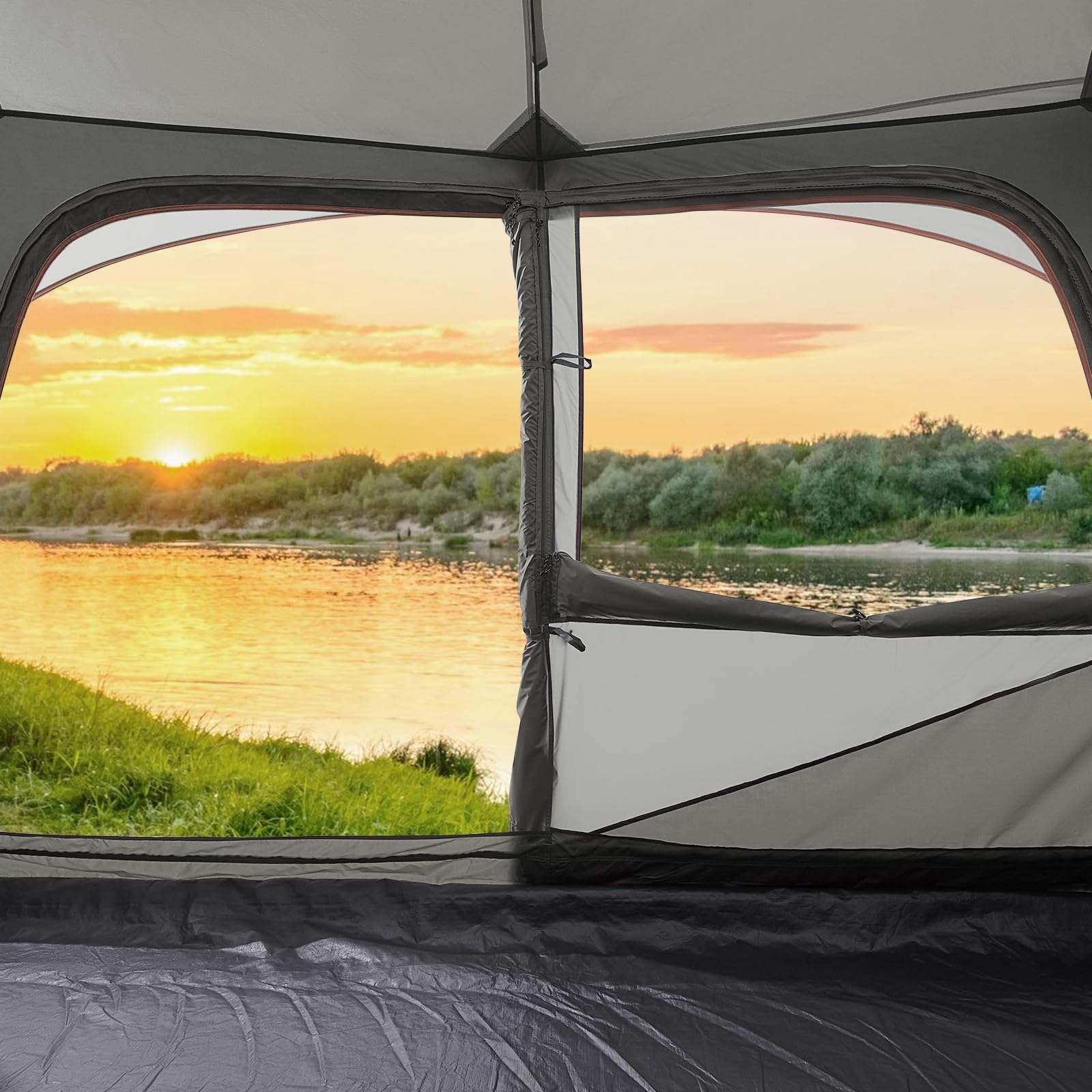 CAMEL CROWN family camping lifestyle scene showing comfortable group shelter and social space