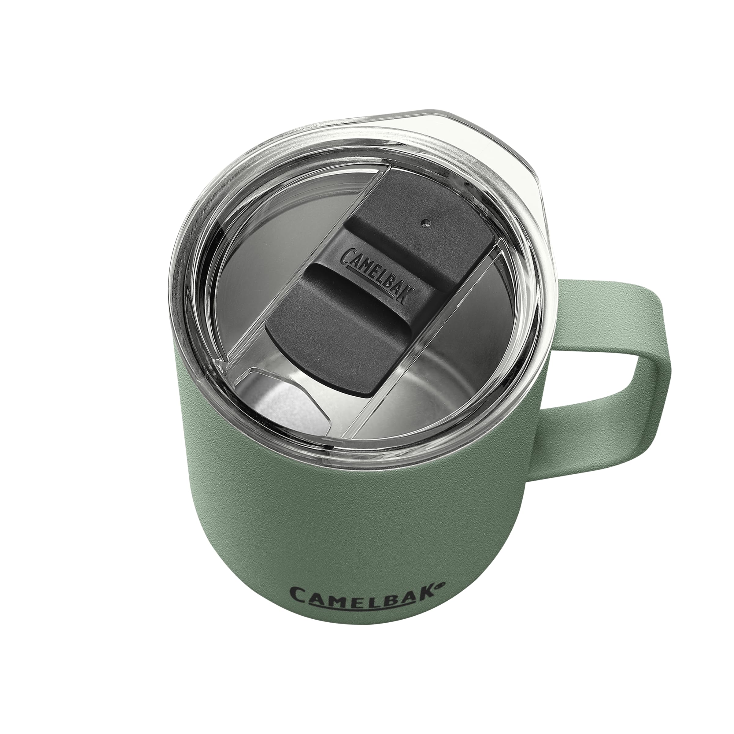CamelBak mug in hand demonstrating compact 12oz scale and comfortable grip