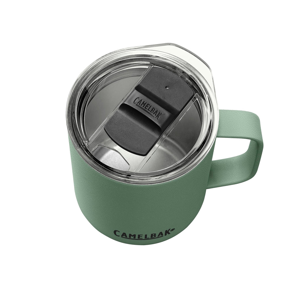 CamelBak mug in hand demonstrating compact 12oz scale and comfortable grip
