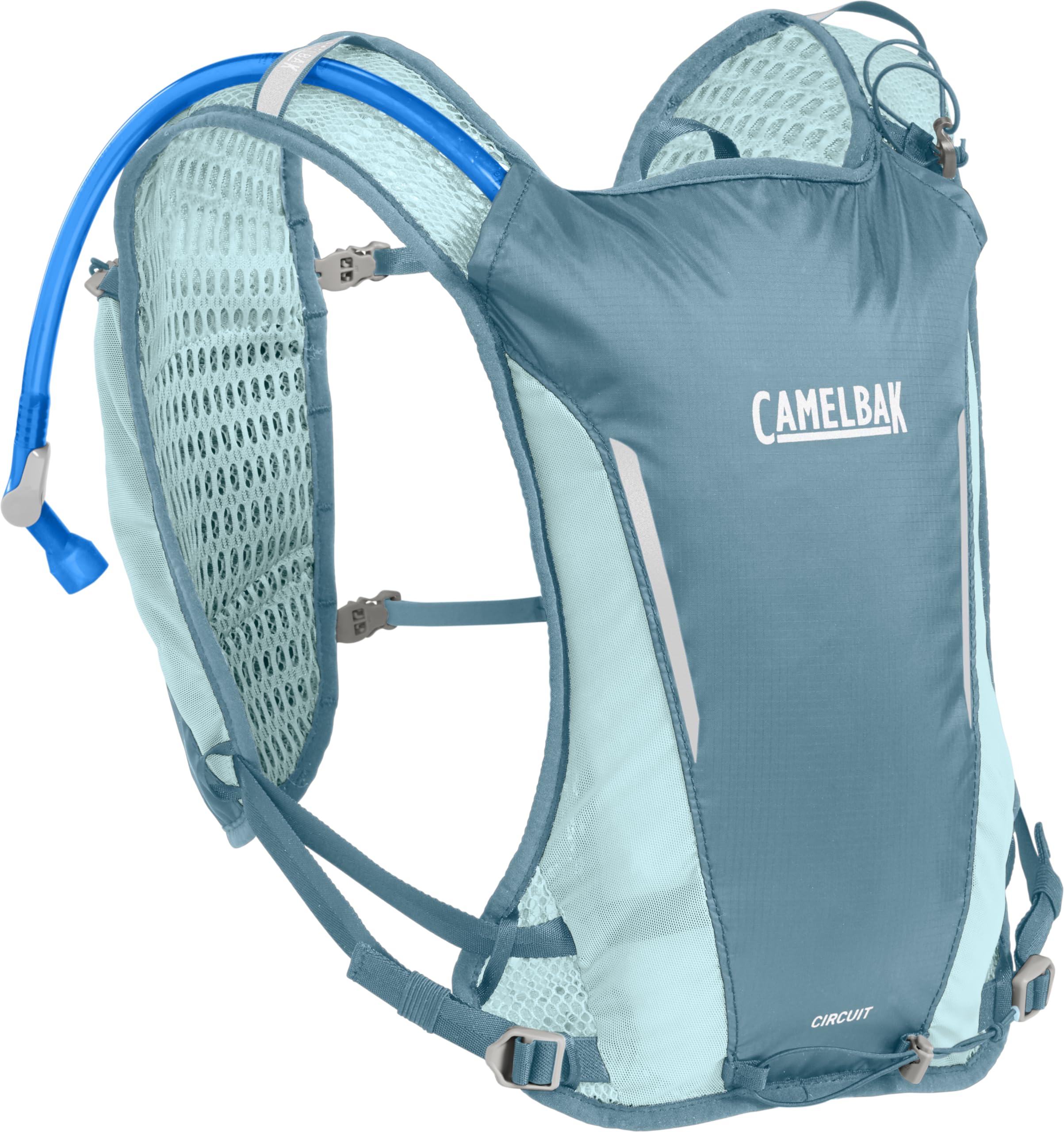CamelBak front view showing Adriatic Blue vest fit and organized pockets benefit