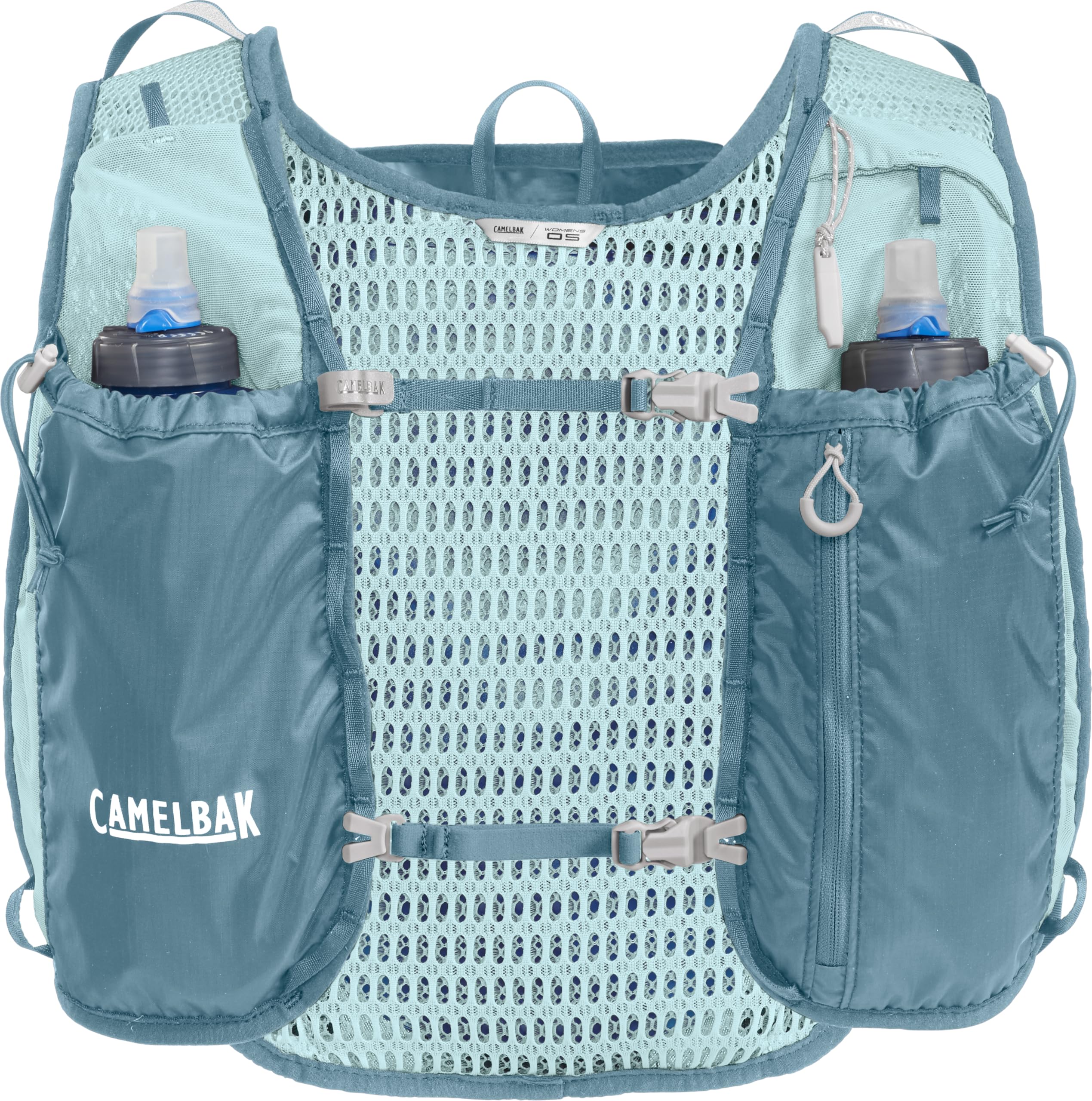 CamelBak vest beside a water bottle showing compact capacity and low weight benefit