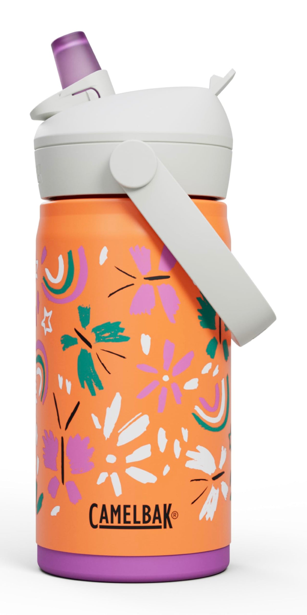 CamelBak front view showing butterfly rainbow design and kid-friendly appeal