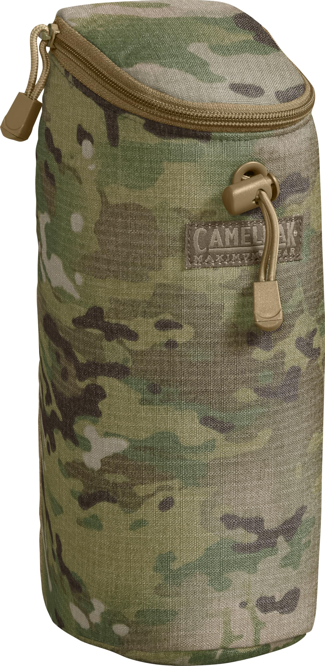 CamelBak Max Gear Tactical Bottle Pouch front view in Multicam showing secure zipper and MOLLE attachment benefit