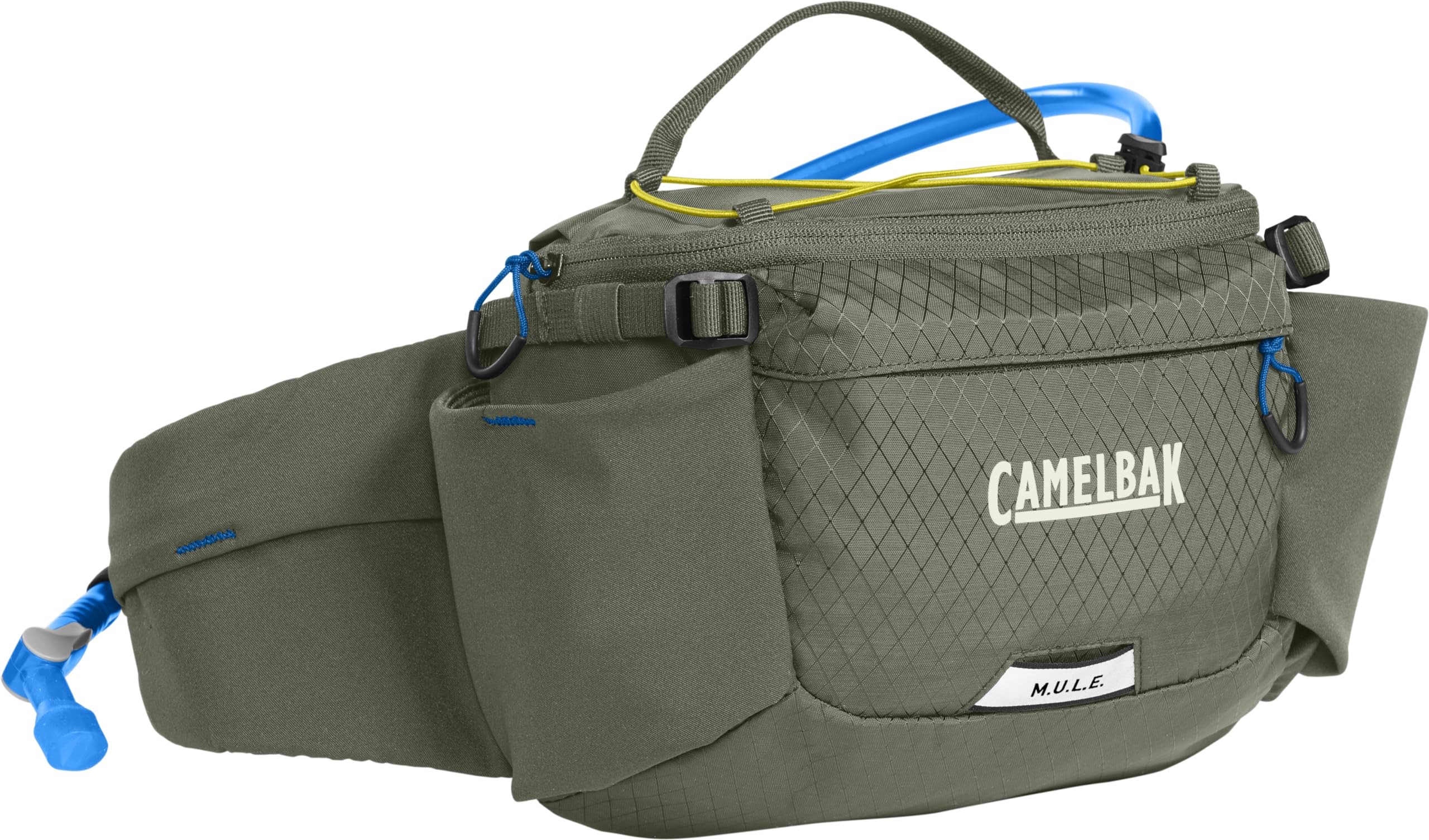 CamelBak M.U.L.E. 5 front view showing compact fit and secure waist carry benefit