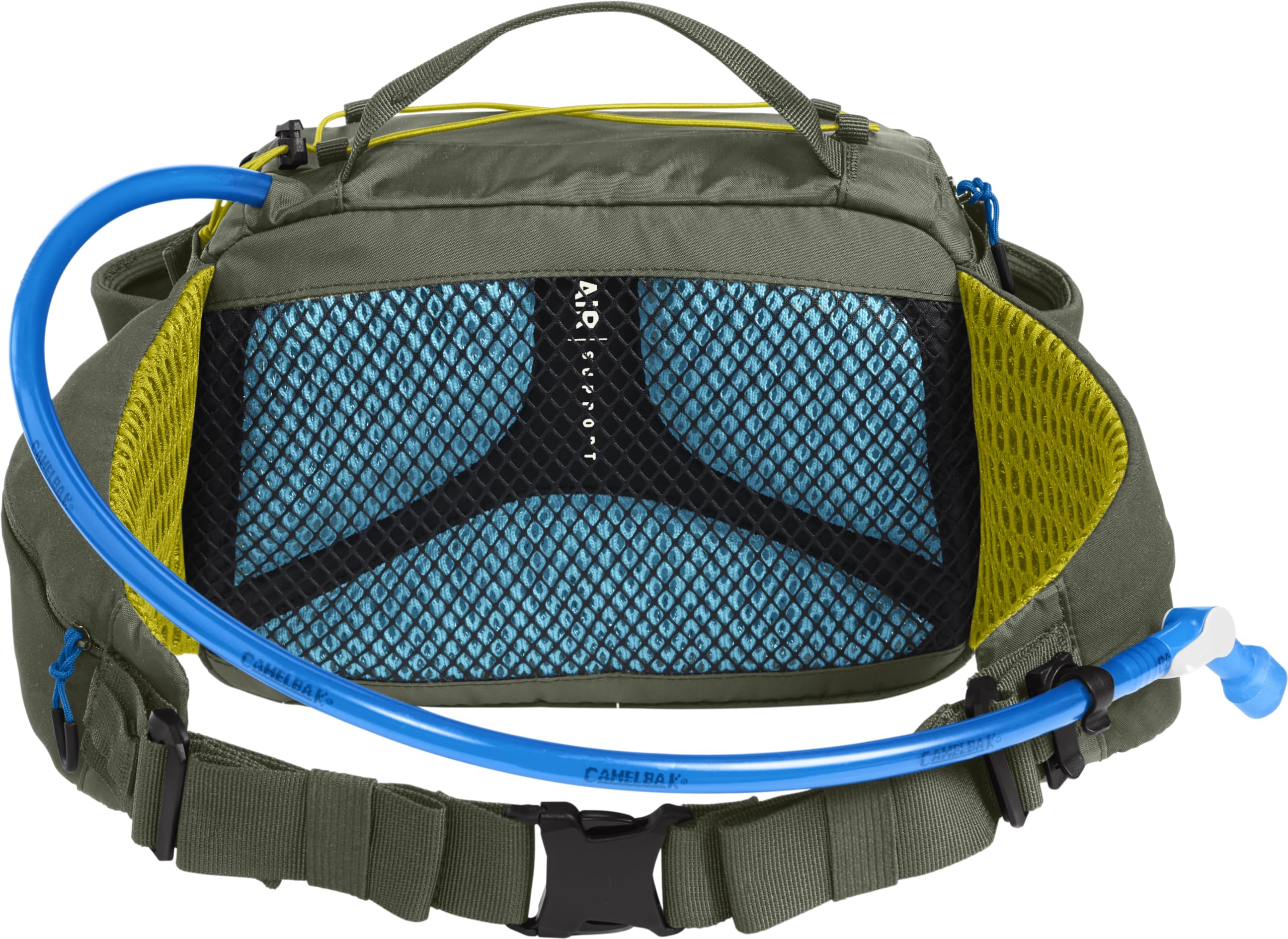 CamelBak close-up of 50oz Crux lumbar reservoir demonstrating easy hydration capacity