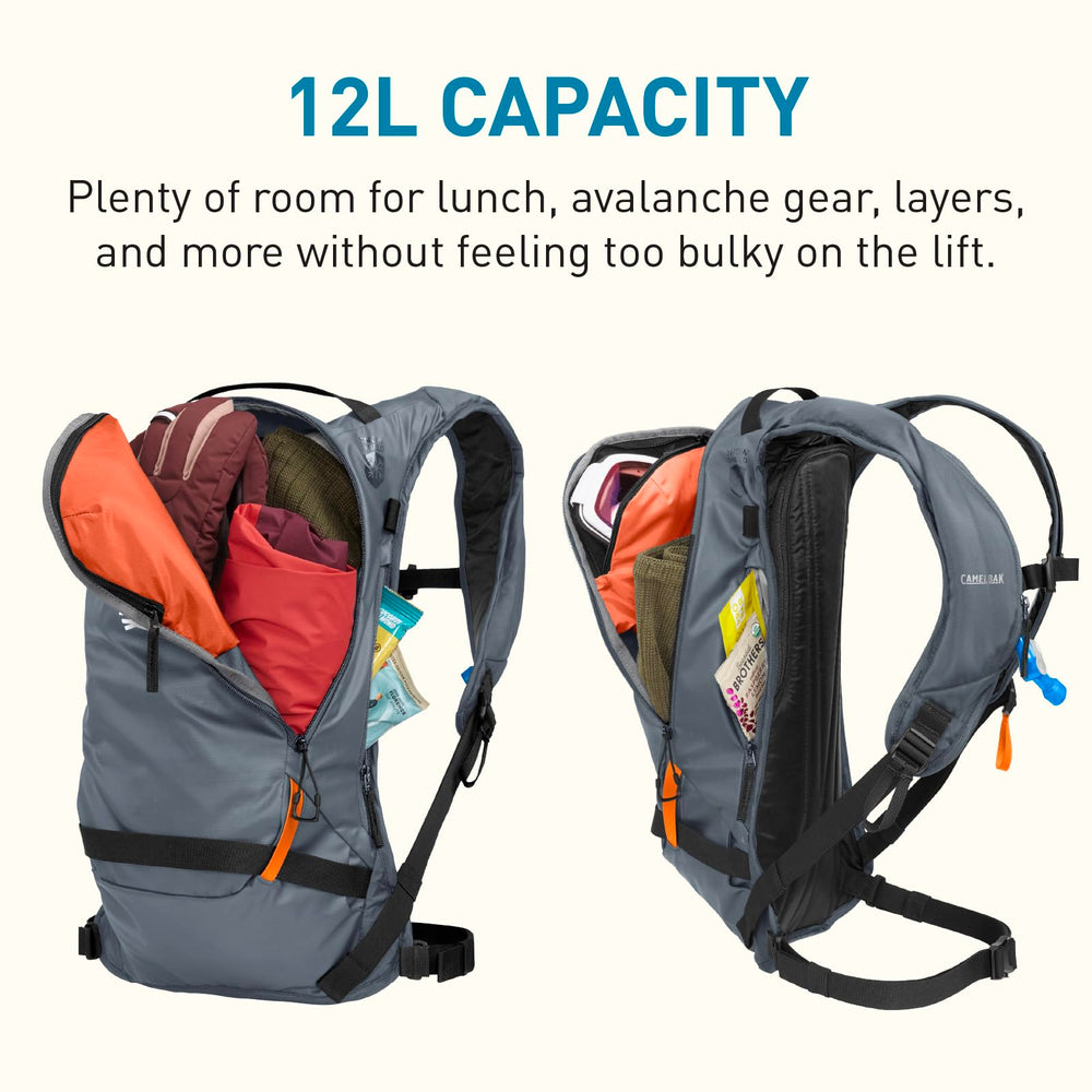 CamelBak Powderhound snowboard attachment showing stable diagonal carry