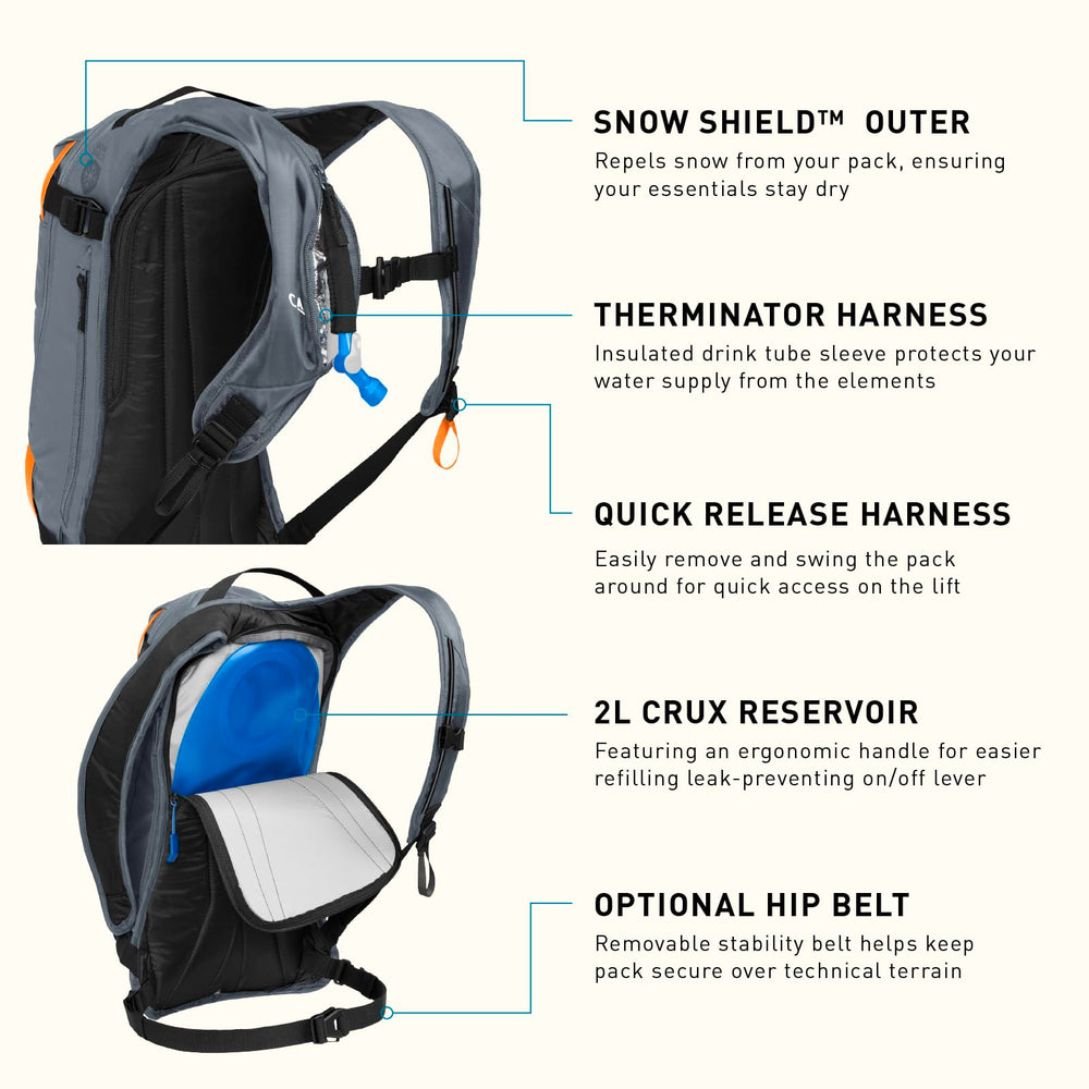 CamelBak Powderhound zippered storage detail keeping essentials organized