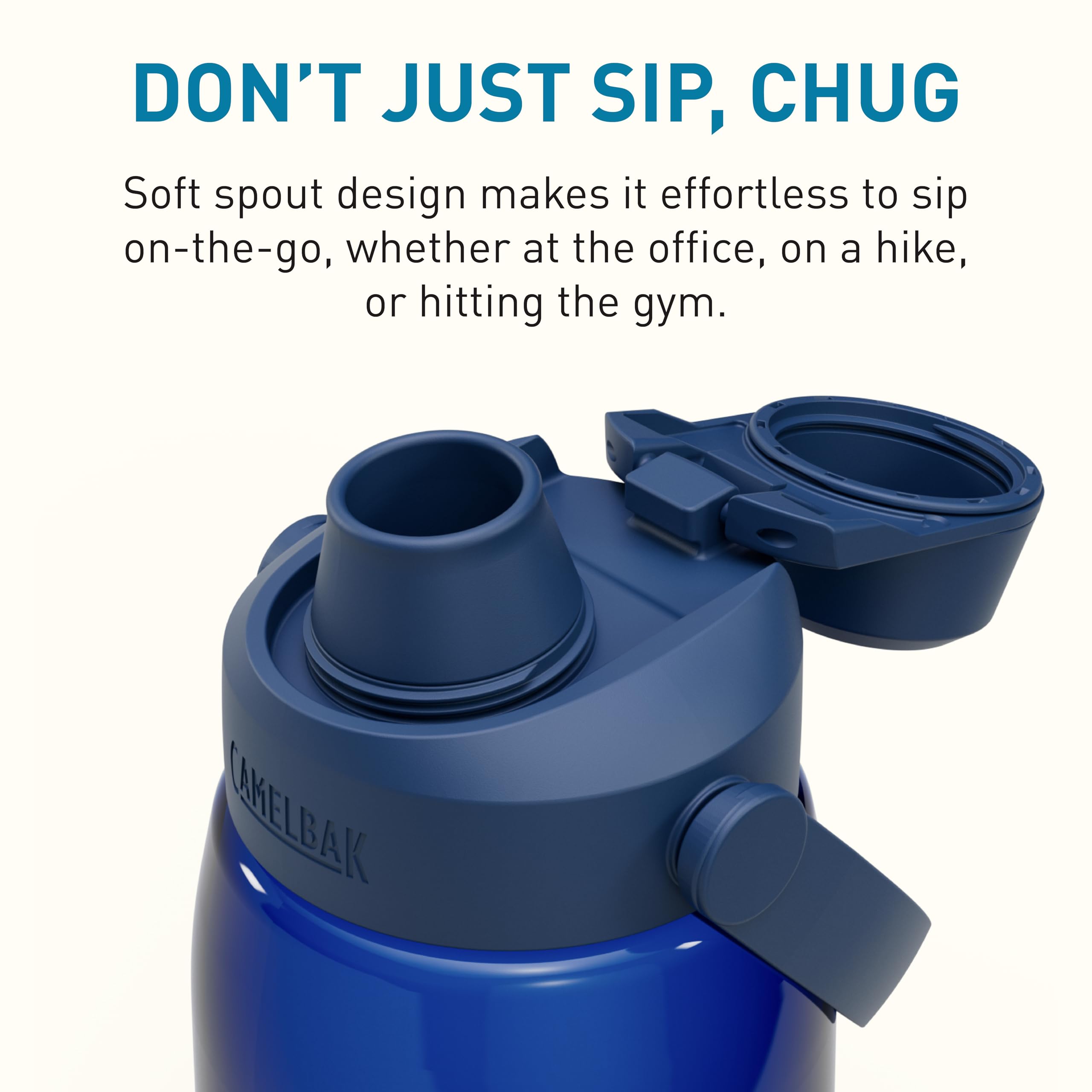 CamelBak Thrive Chug on gym bench showing quick hydration during workouts