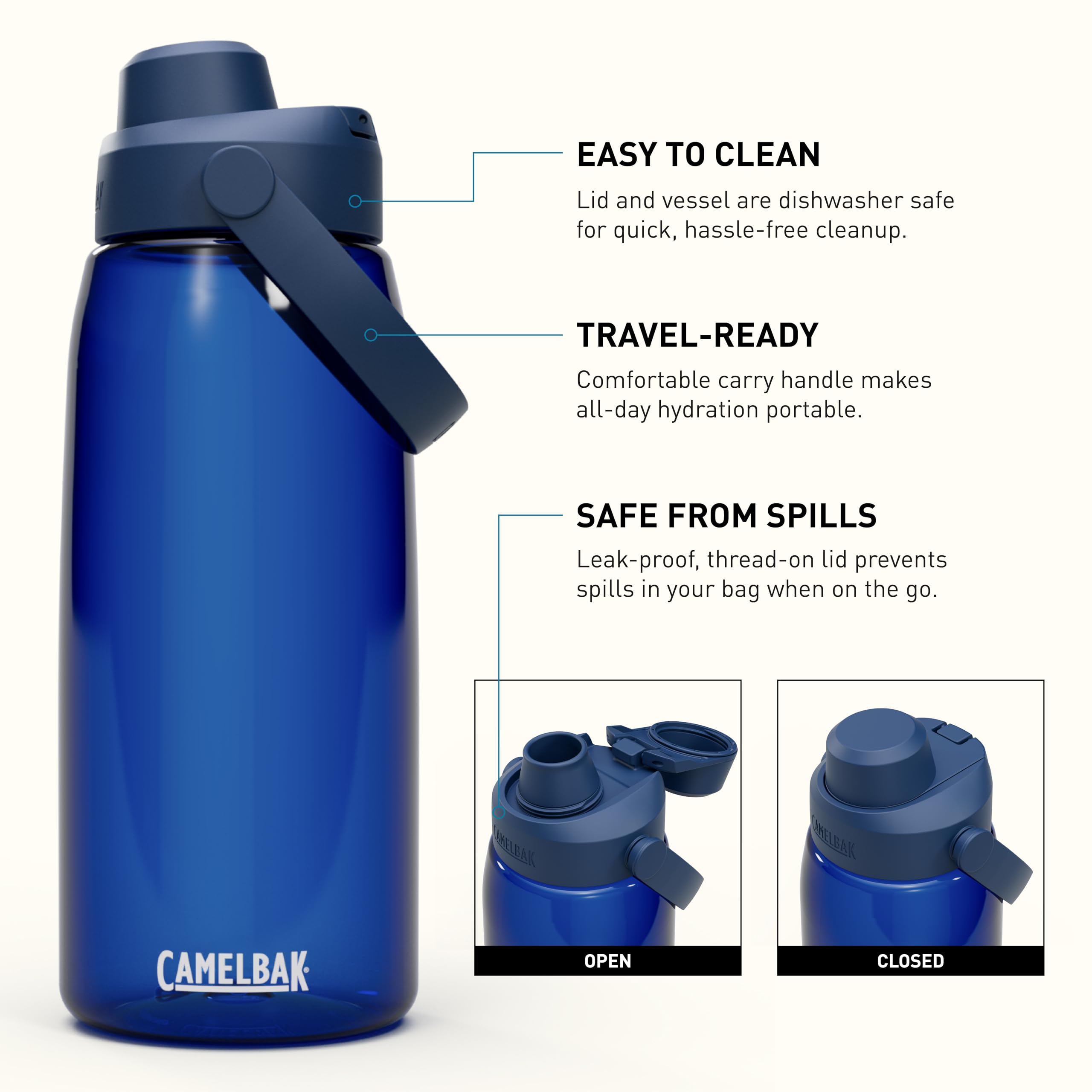 CamelBak Thrive Chug lid demonstration highlighting leak resistant design for packed bags