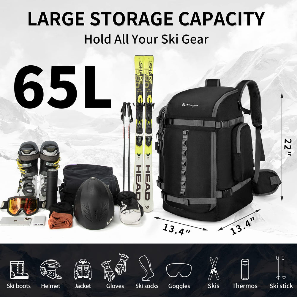 CAMELGEAR main compartment holding a pair of ski boots securely