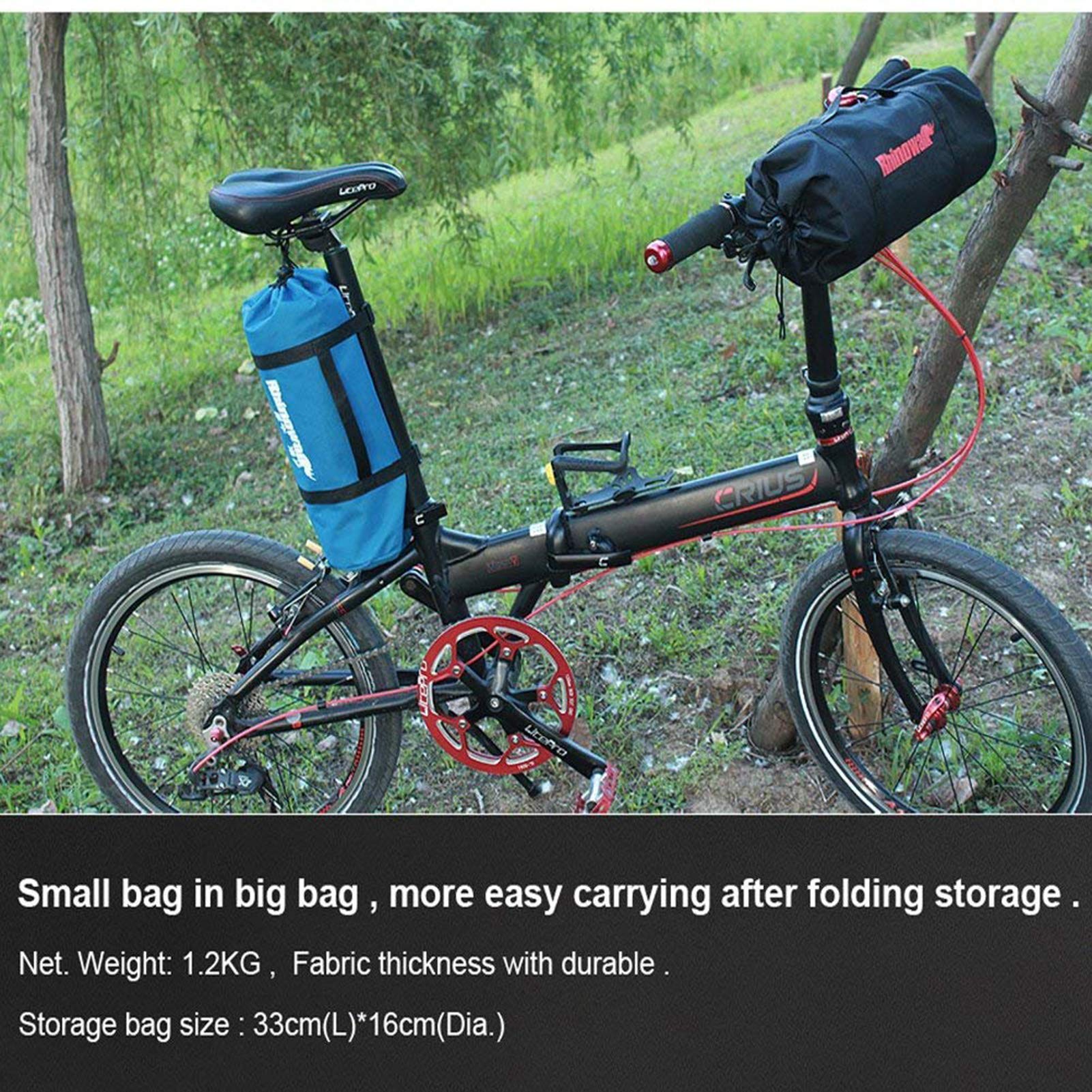 CamGo packed beside a 20-inch folding bike illustrating fit and scale benefit