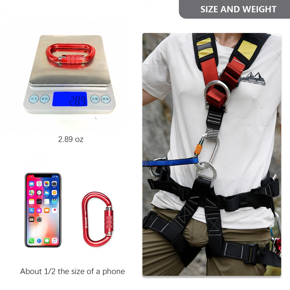 CAMNAL carabiner clipped to climbing harness showing reliable attachment in use