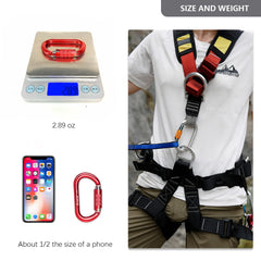 CAMNAL carabiner clipped to climbing harness showing reliable attachment in use