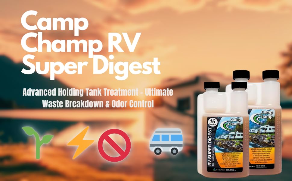 Camp Champ bottle next to RV sewer connection for scale and practical usage context