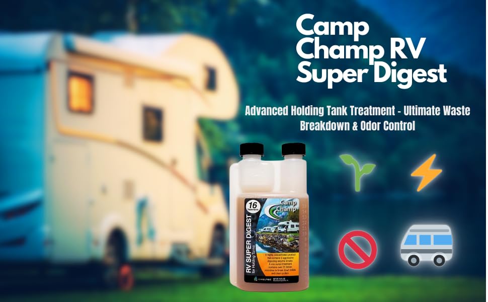 Camp Champ liquid texture close-up illustrating enzyme strength that liquefies waste