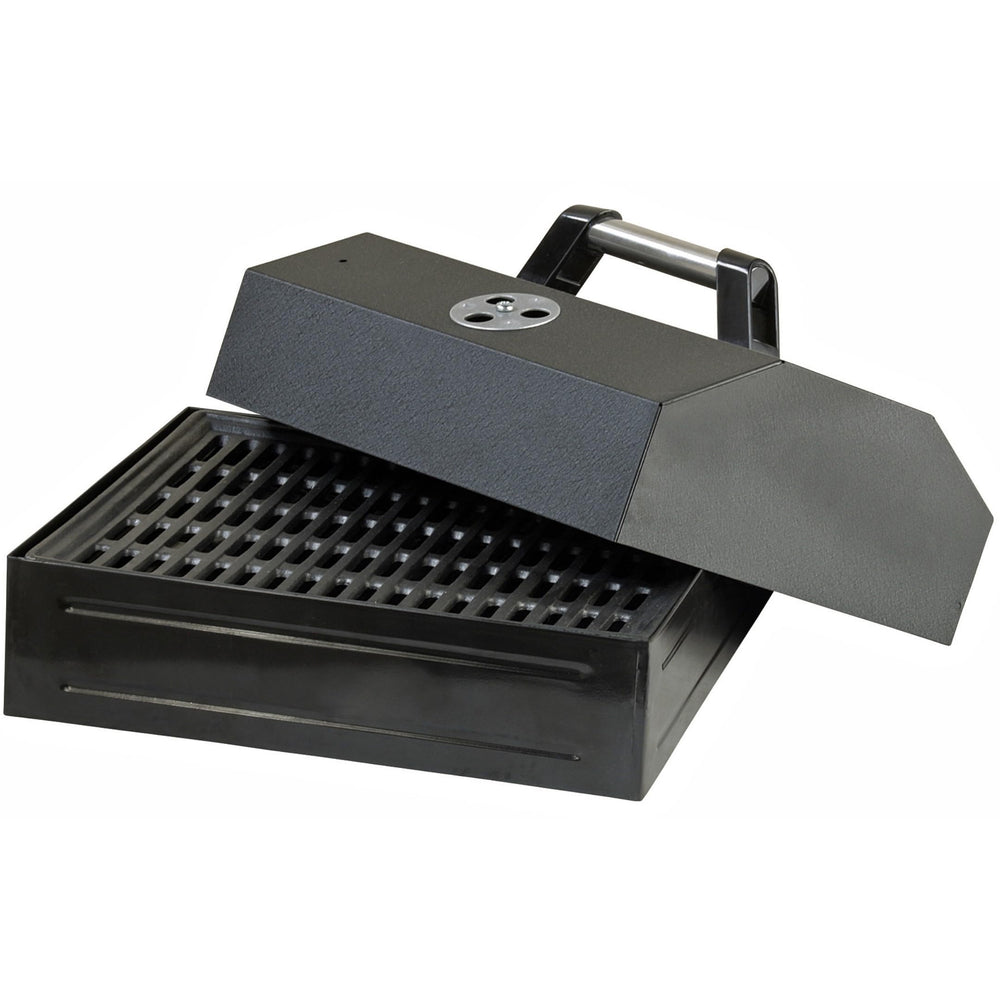 Camp Chef barbecue box front view showing sturdy cast-iron and compact footprint for versatile grilling