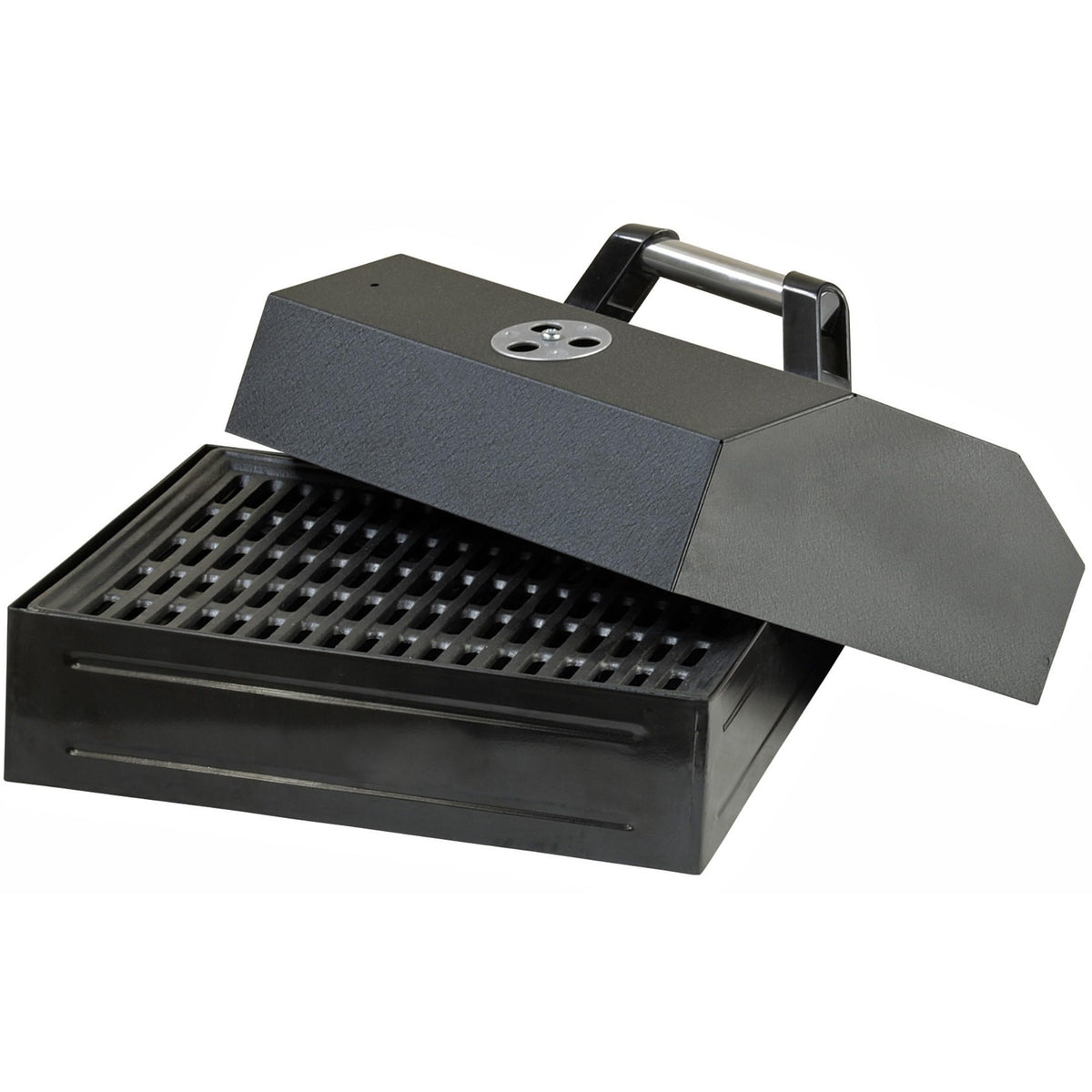 Camp Chef barbecue box front view showing sturdy cast-iron and compact footprint for versatile grilling