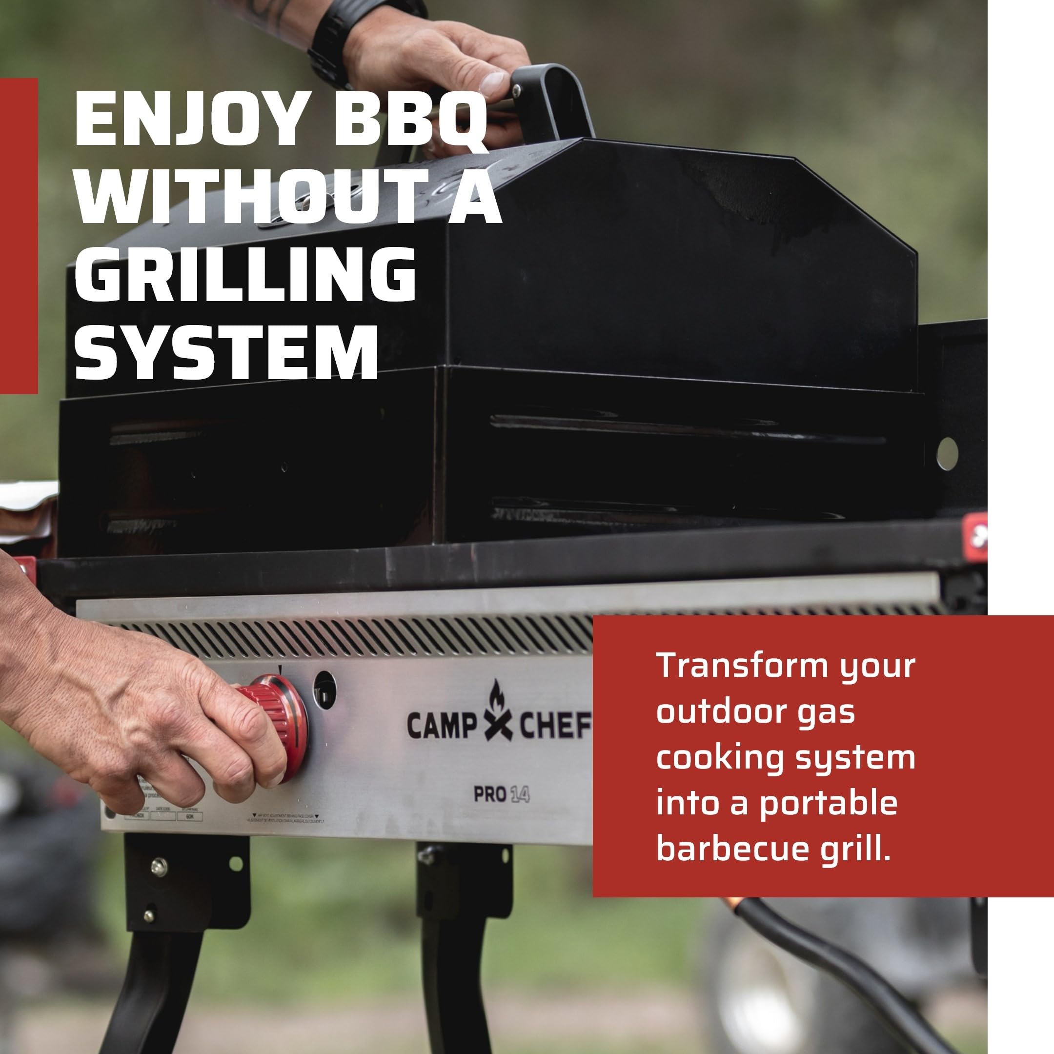 Camp Chef close-up of pre-seasoned cast-iron grate highlighting even heat retention benefit