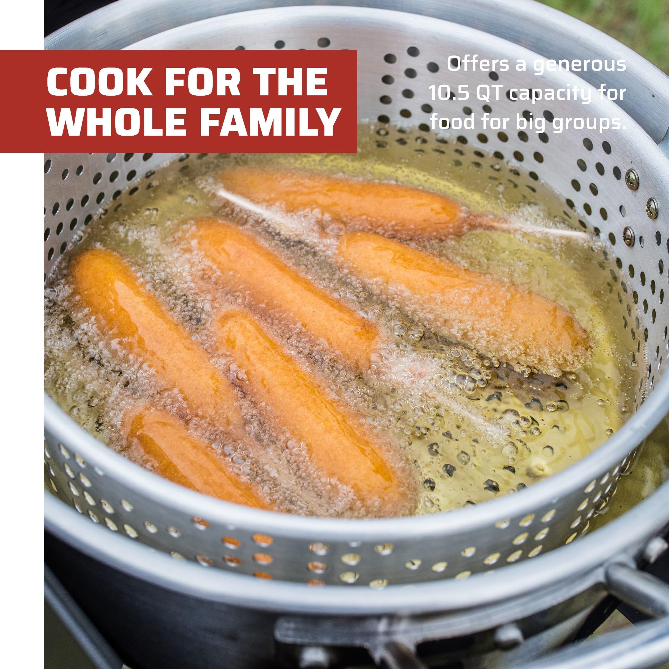 Camp Chef pot cooking seafood boil outdoors showing fast even heating benefit
