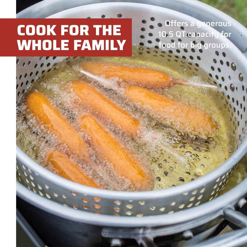 Camp Chef pot cooking seafood boil outdoors showing fast even heating benefit