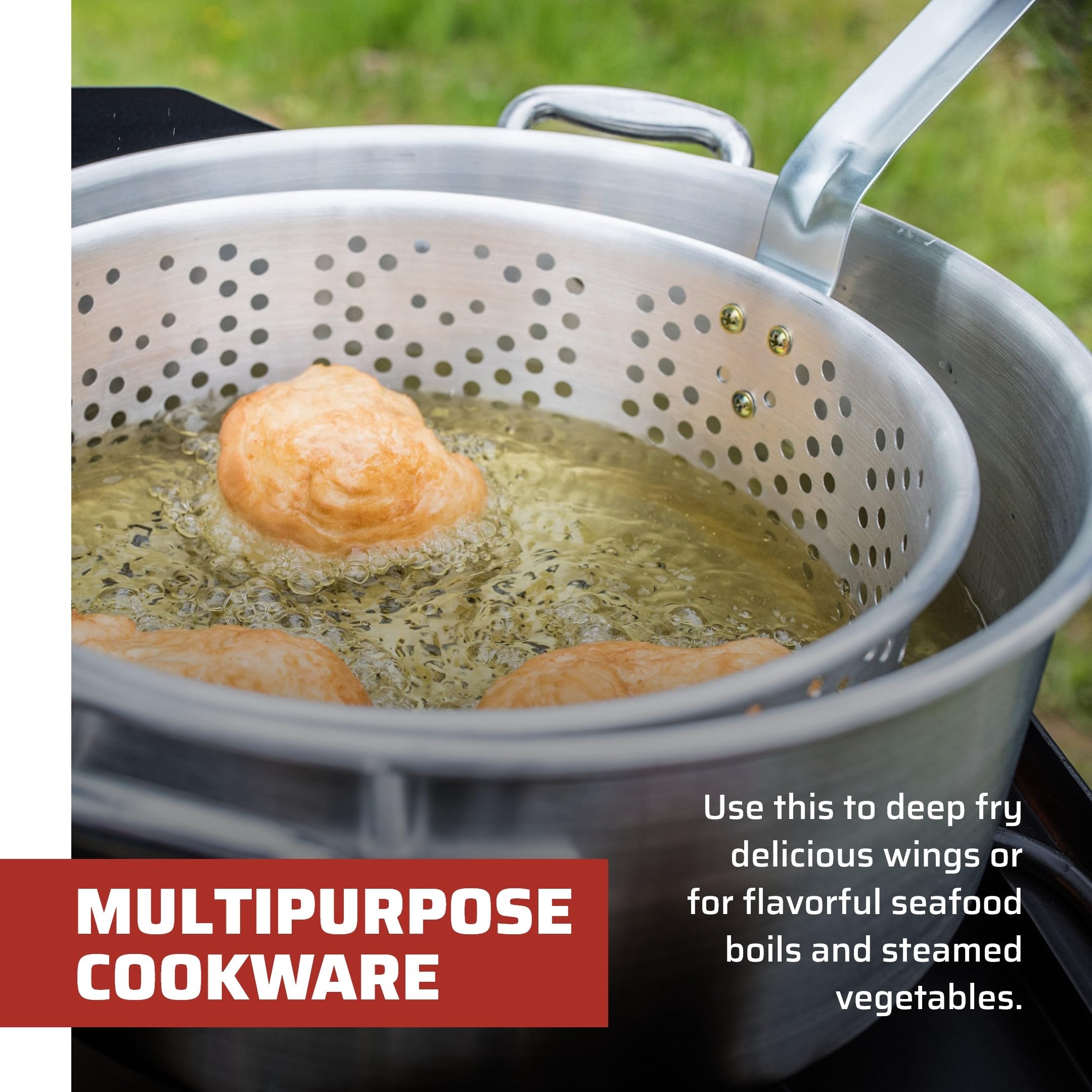 Camp Chef pot next to kettle for scale, illustrating generous 10.5-quart capacity benefit