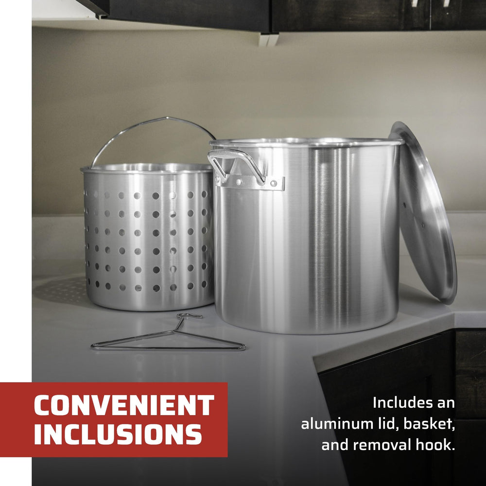 Camp Chef pot next to a hand for scale to show true 24-quart size benefit