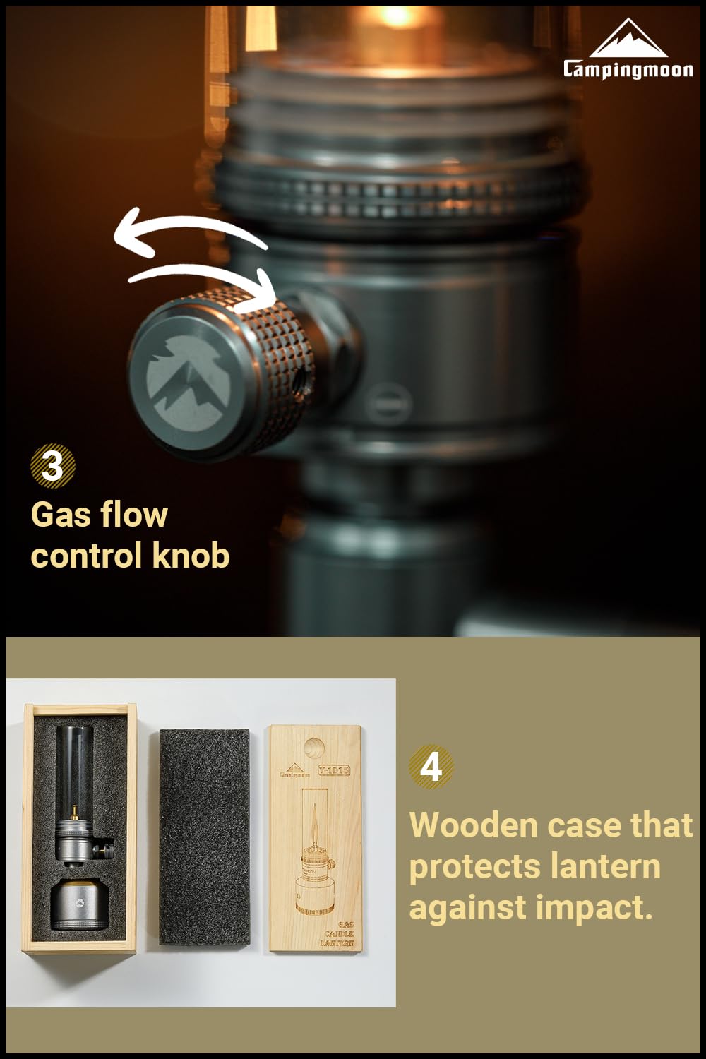 CAMPINGMOON side knob close-up for adjustable flame control and precise brightness
