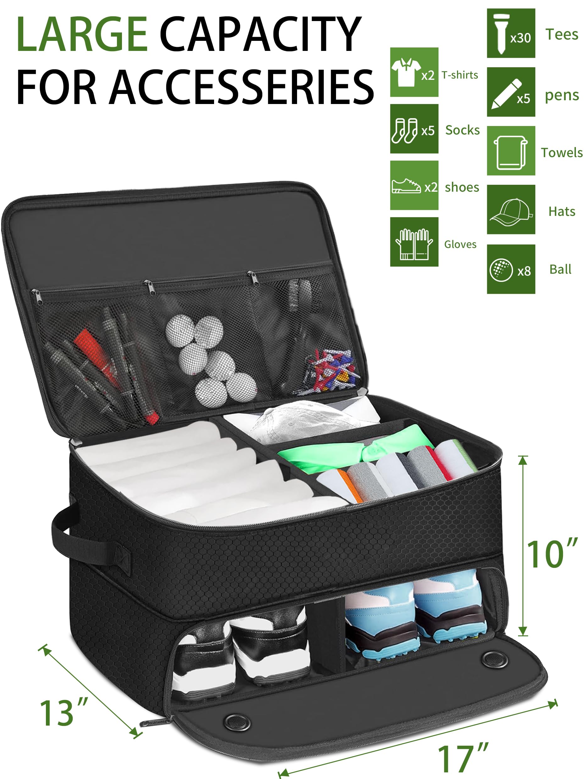 CAMPLAND shoe compartment open displaying space for golf shoes and protection