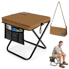 Camplist front view of khaki stool showing compact, stable seat and portability benefit