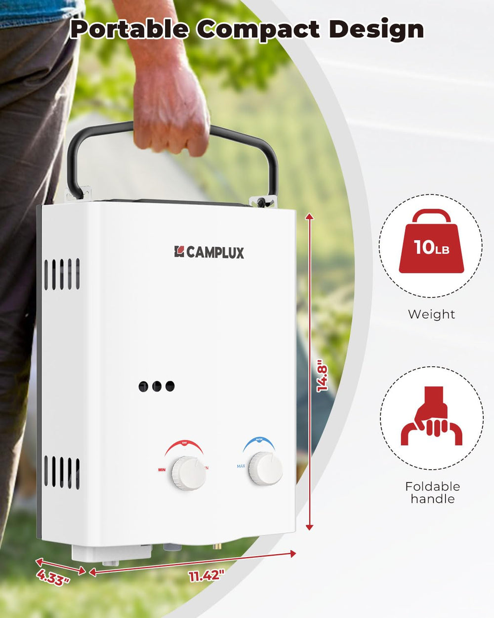 CAMPLUX AY132 closeup of control panel and safety features for easy operation