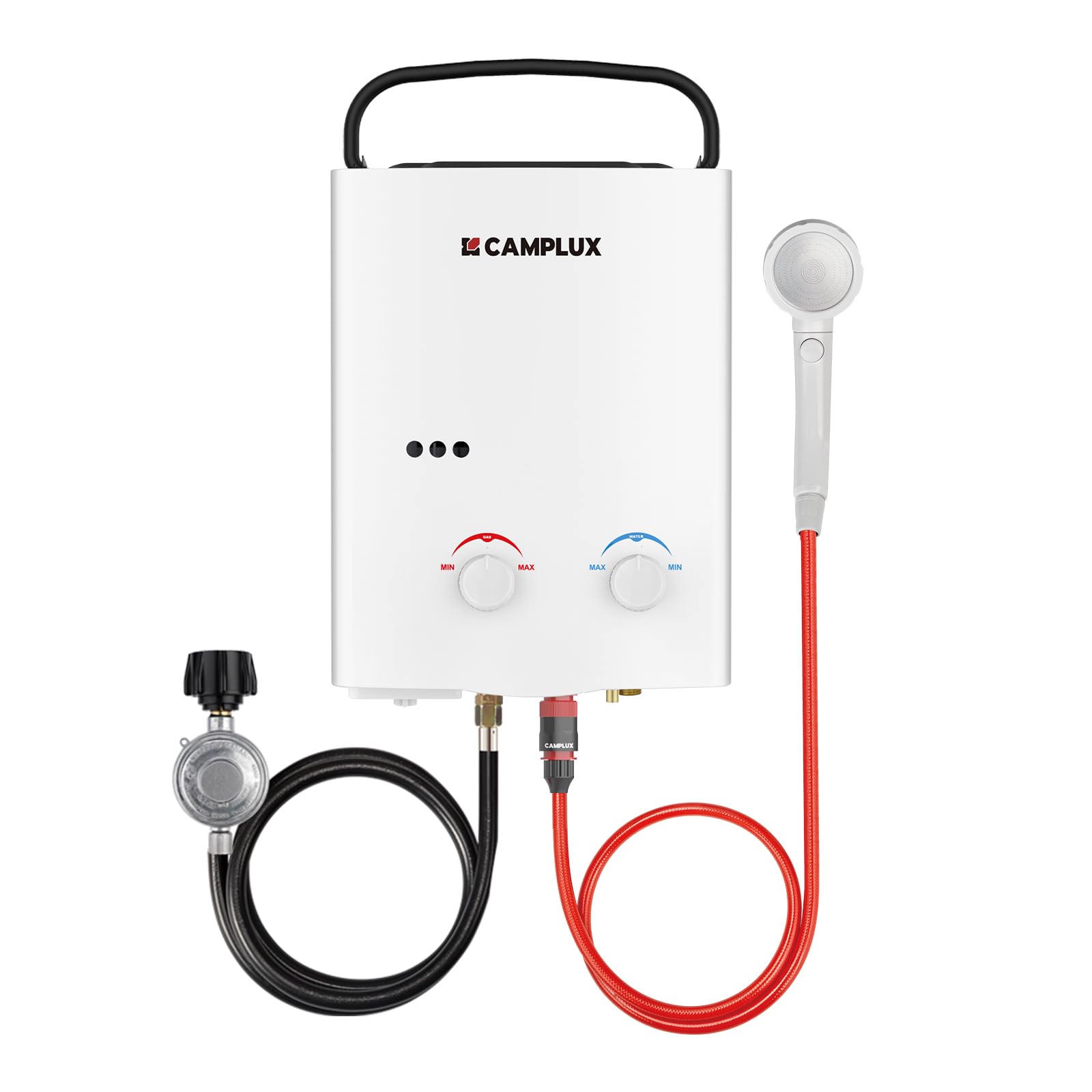 CAMPLUX AY132 front view showing compact white housing and benefits portability