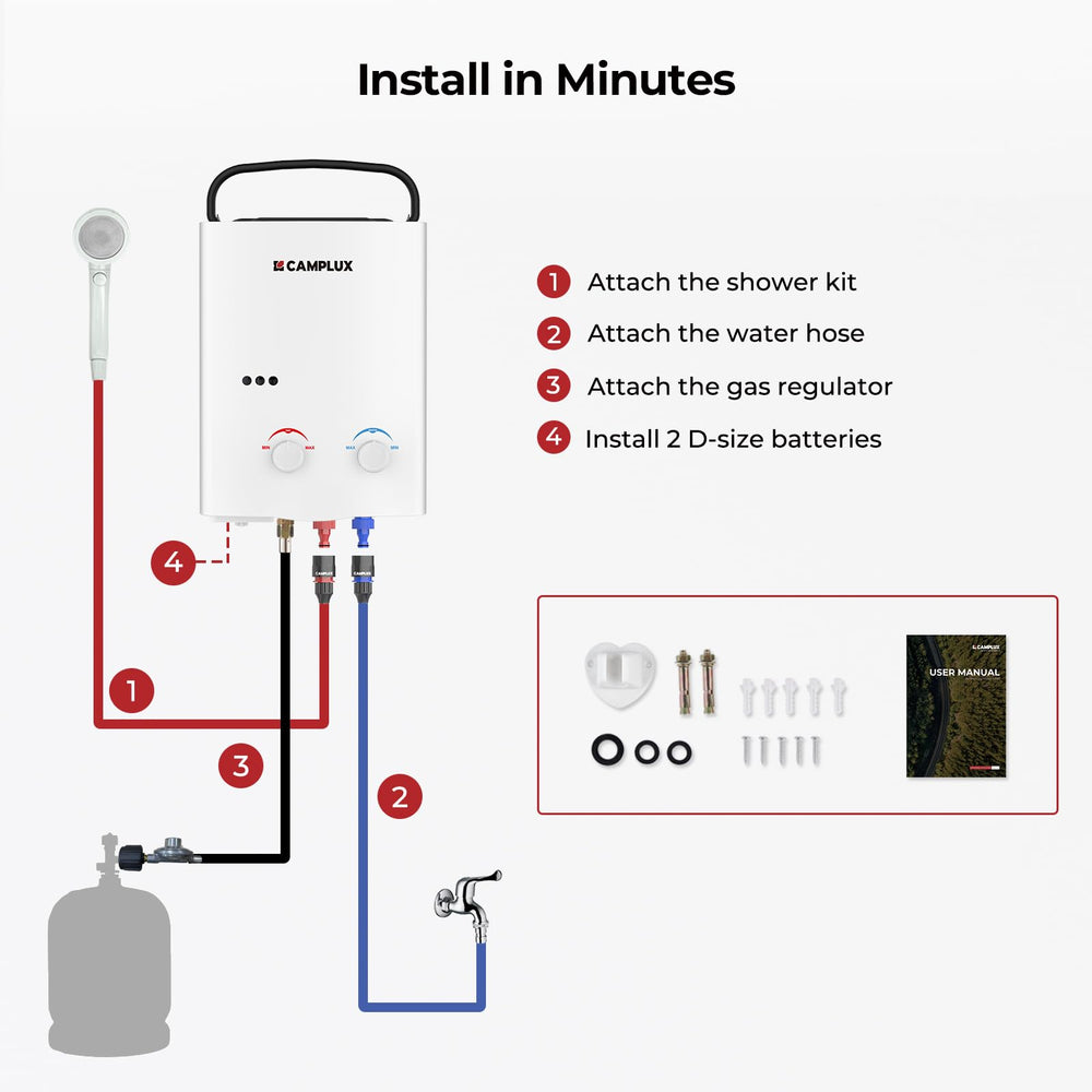CAMPLUX AY132 connected to a 12V pump and gravity bag for off-grid use
