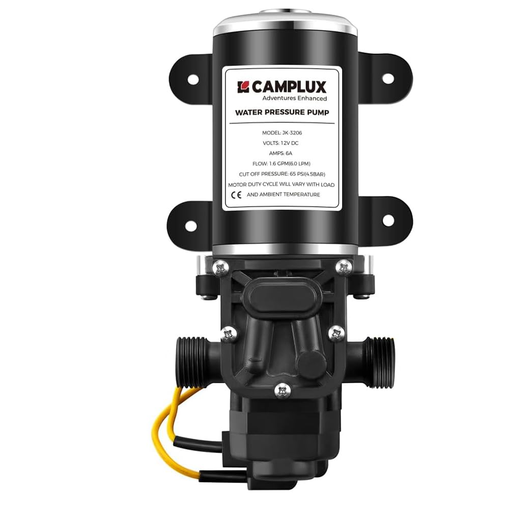 CAMPLUX front view of pump showing compact 12V design and durable casing for portable use