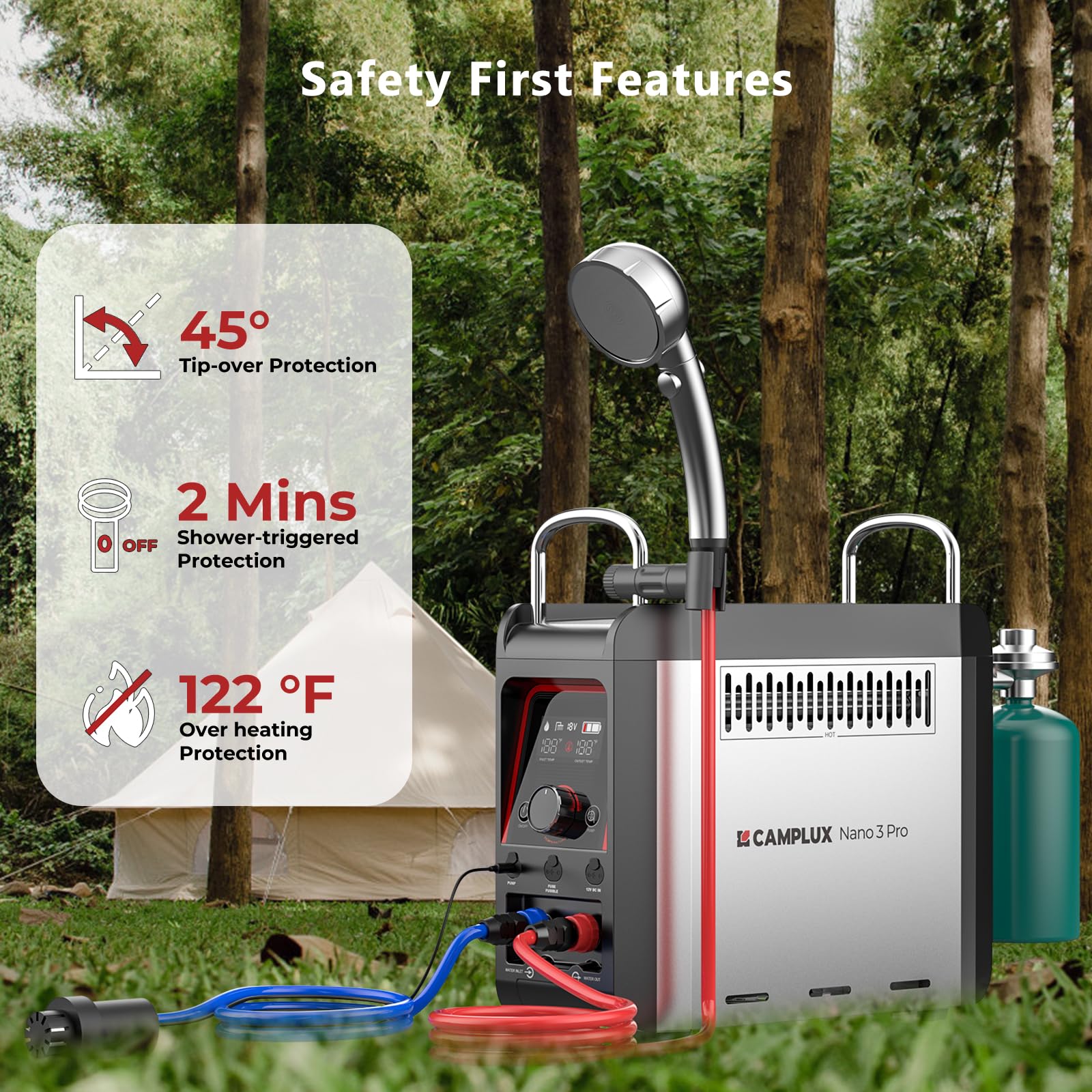 CAMPLUX Nano 3 Pro in-use outdoor shower scene showing warm water convenience at campsite