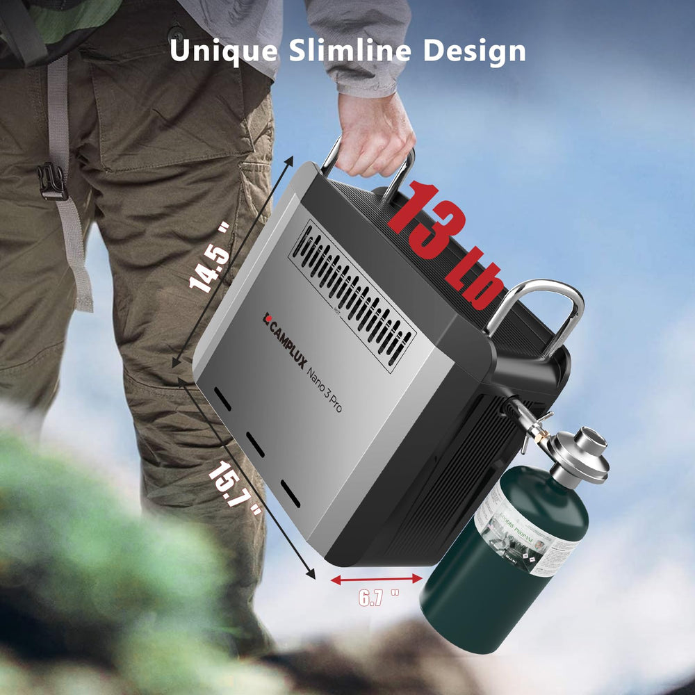 CAMPLUX Nano 3 Pro regulator and propane connection ensuring safe, secure fuel hookup outdoors