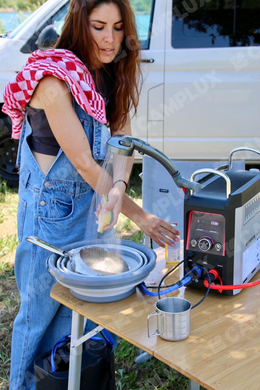 CAMPLUX Nano 3 Pro beside 1 lb propane tank to show compact size and travel-friendly scale