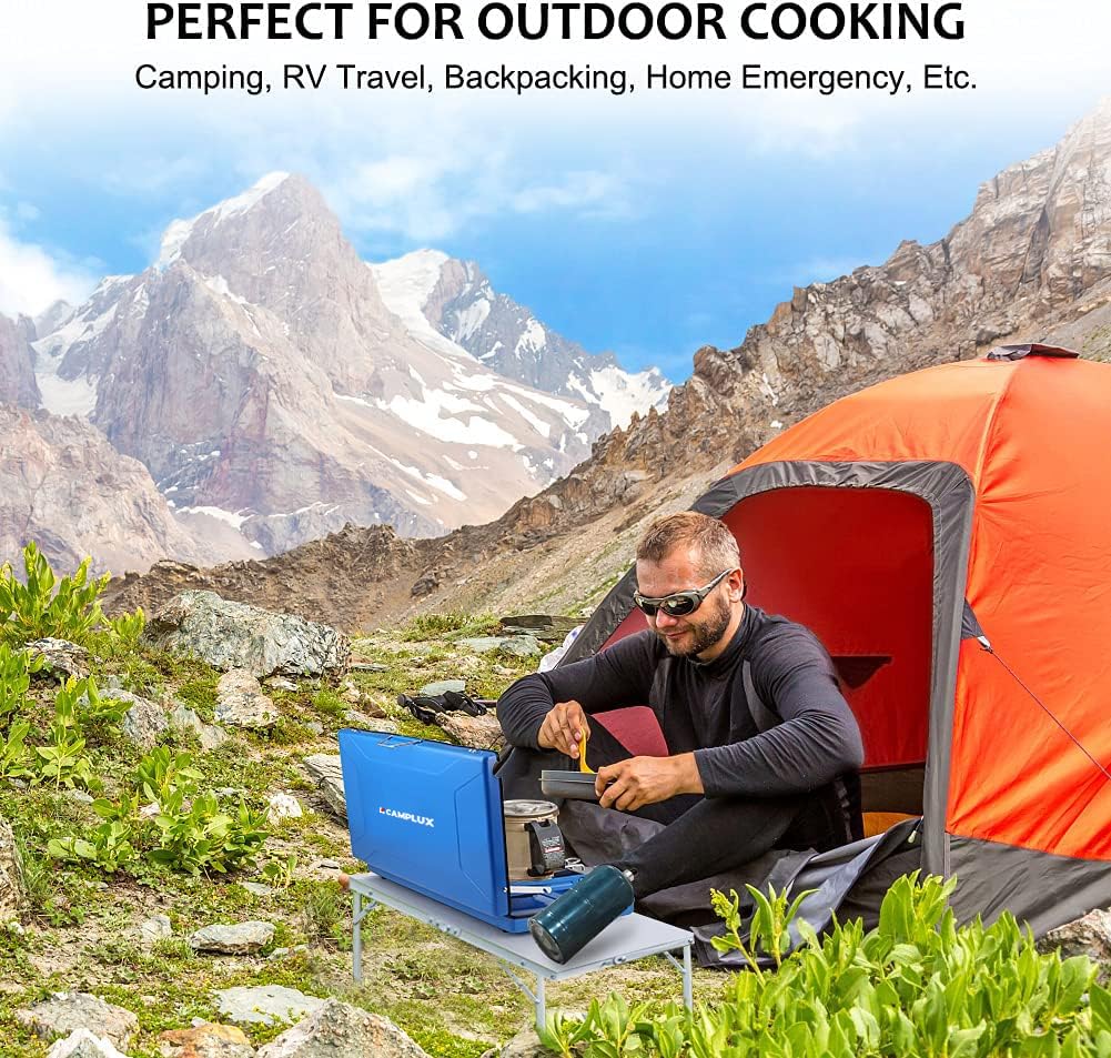 Camplux stove cooking at campsite showing reliable outdoor meal benefit