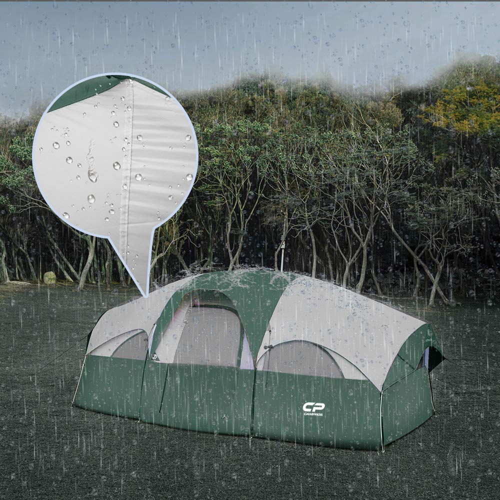 CAMPROS CP rainfly close-up showing sealed seams and waterproof coating
