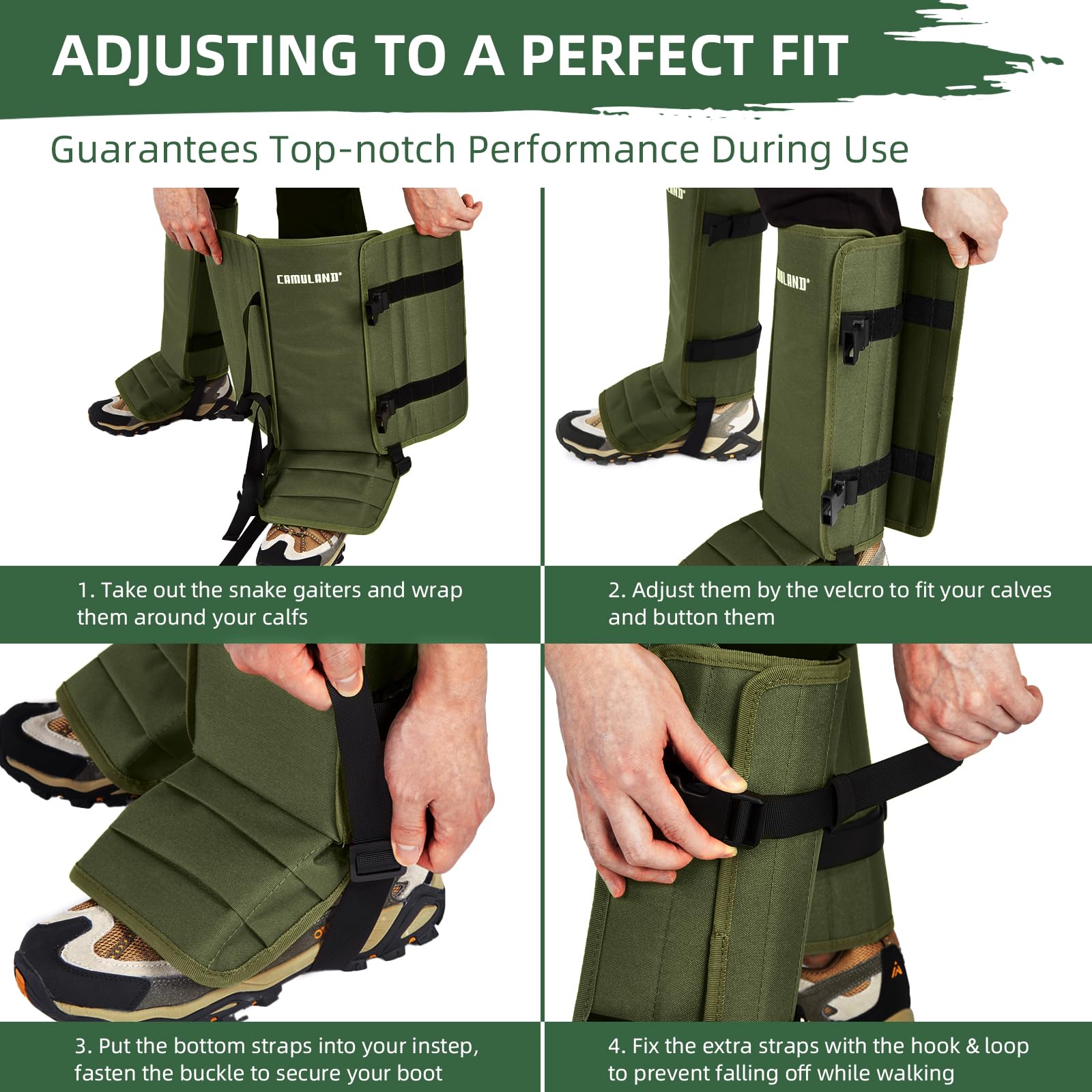 CAMULAND folded gaiters in storage bag for easy transportability