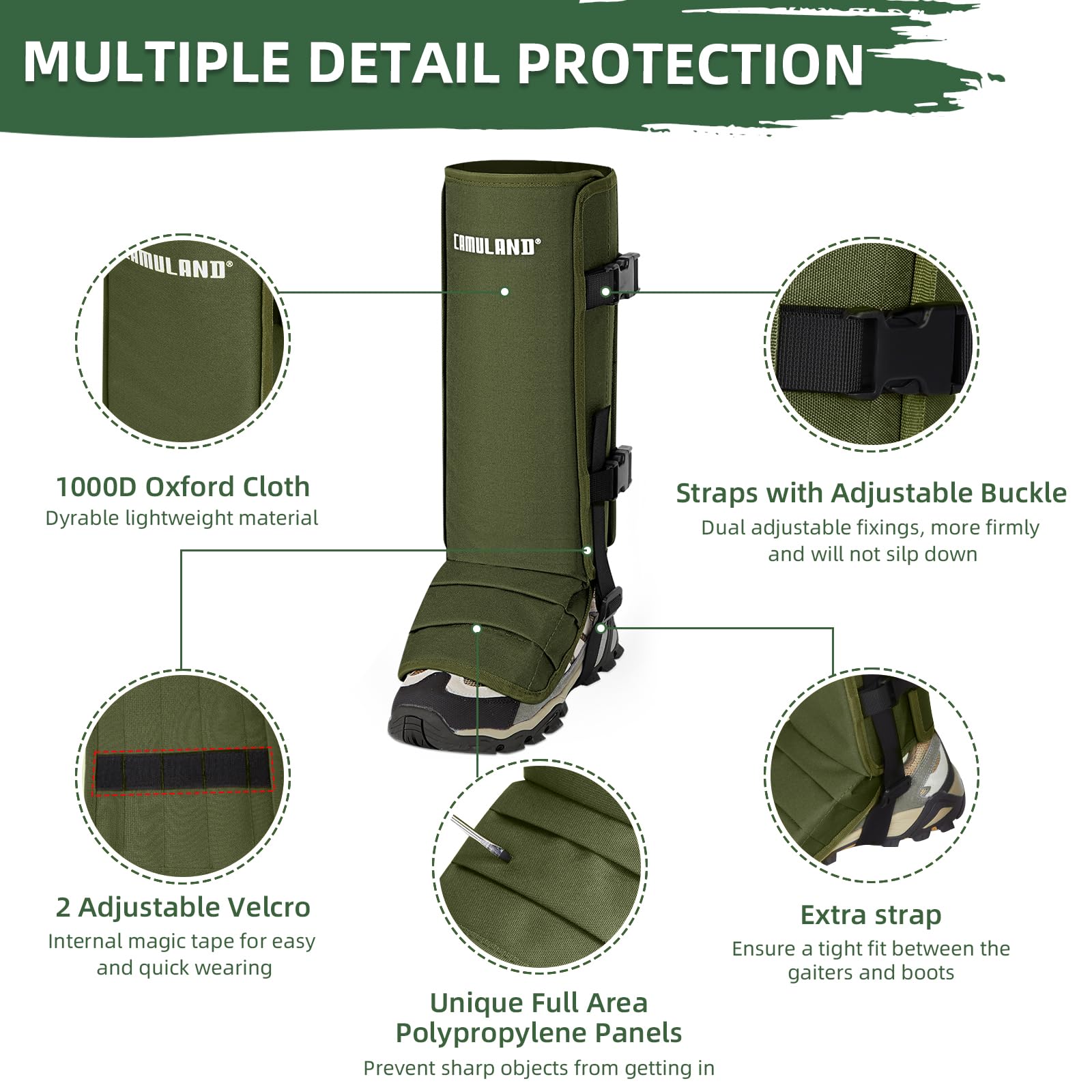 CAMULAND gaiter on boot in use providing secure leg protection