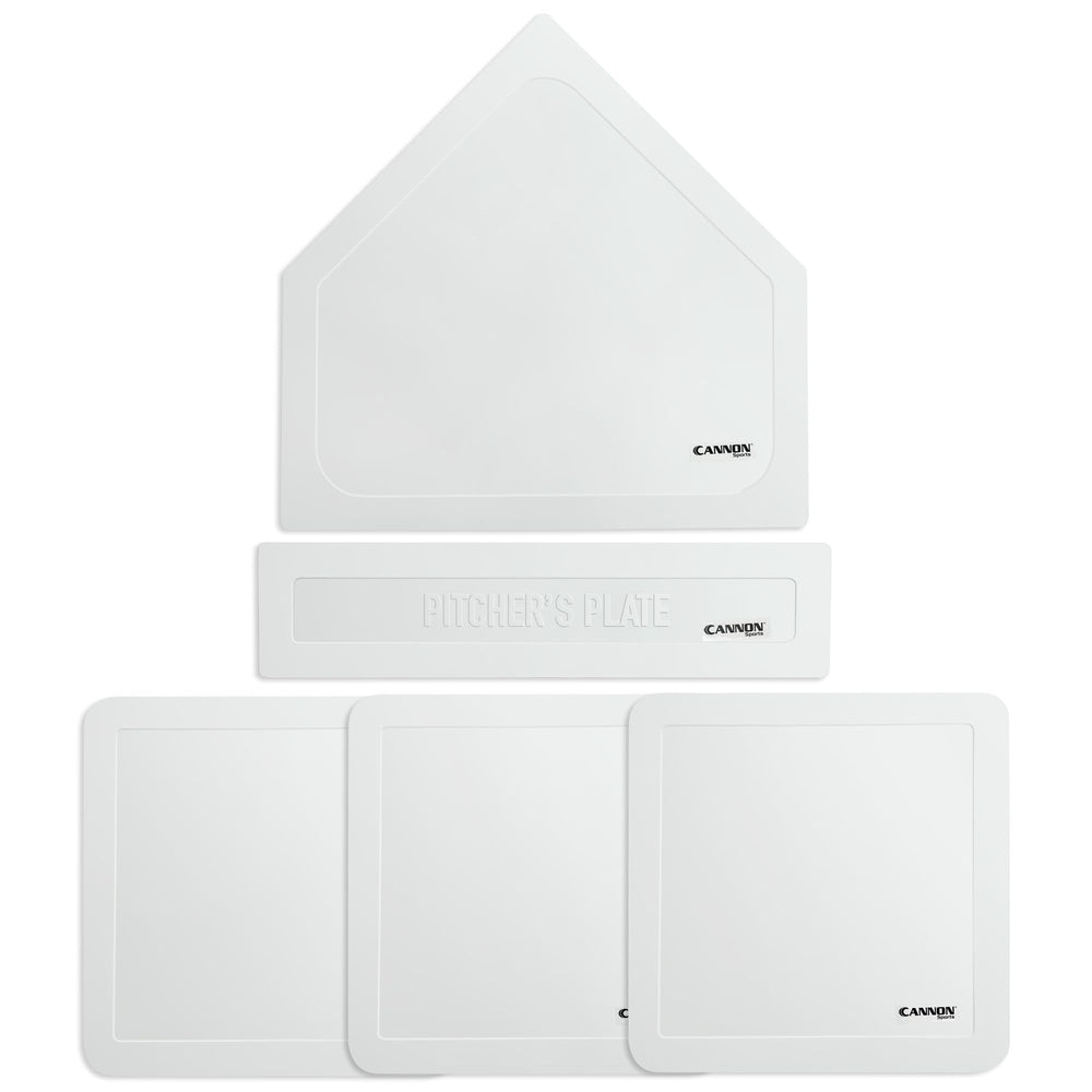 Cannon Sports front view of five-piece base set showing home plate and bases, durable and portable