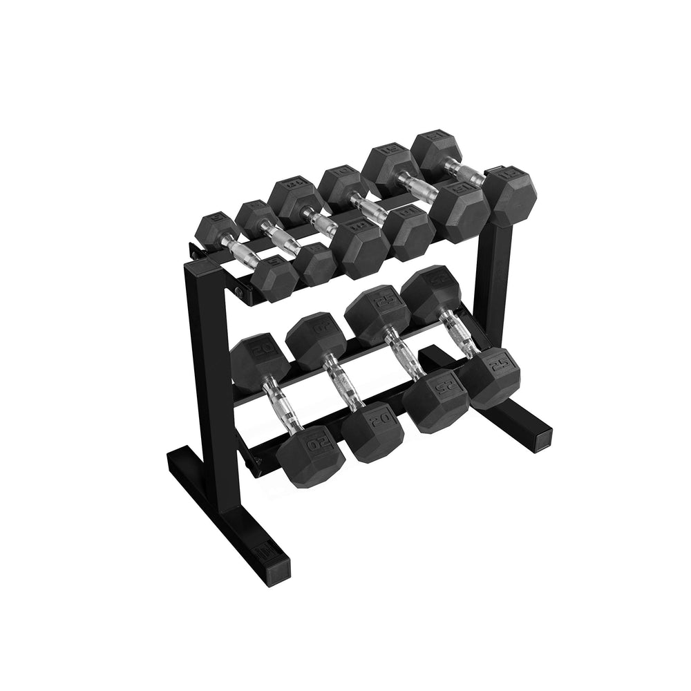 CAP front view of full 150 lb dumbbell set and rack showing organized storage benefit