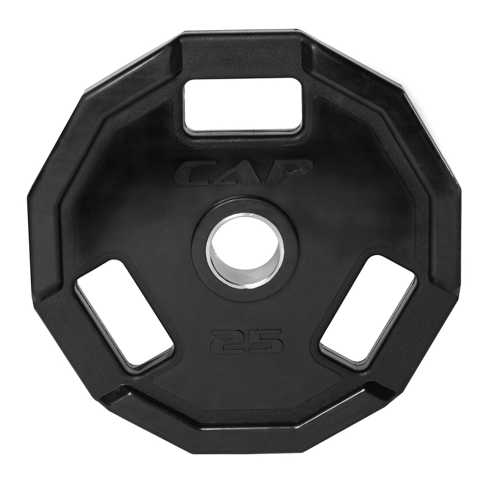 CAP Barbell 25 lb plate front view showing raised numbers and rubber finish for durability
